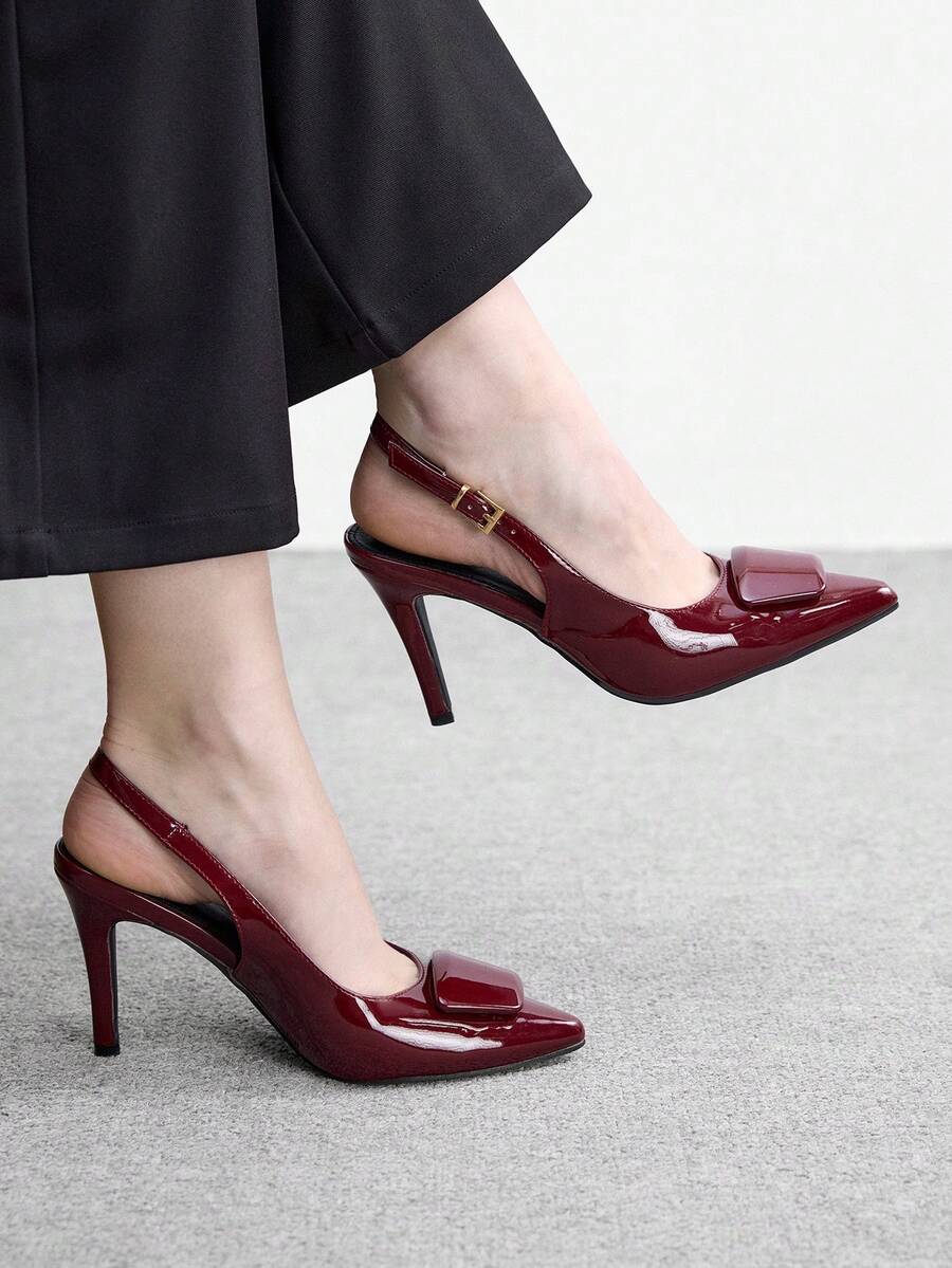 CUCCOO BIZCHIC Giày cao gót mũi nhọn quai hậu, sandal gót nhọn nữ, giày đế mỏng, trang phục ngoài thời trang thanh lịch, cúc cài sáng màu, thích hợp mang hàng ngày nơi công sở, giày cao gót mũi nhọn bằng da bóng màu đỏ tía, giày gót nhọn quai hậu, giày mùa xuân. - Màu Đỏ Sâu - Xem 1