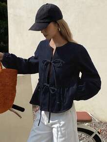 DAZY 女士圆领蝴蝶结开衫牛仔短灯笼袖宽松系带衬衫 - 深色水洗藍 - 查看 3