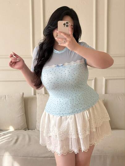 Vibekara Sheer Floral Print Mesh Short Sleeve Fitted Casual T-Shirt For Women