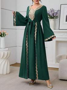 Al Najma 酒红色长袖刺绣领褶皱派对鸡尾酒礼服 - 墨綠色 - 查看 4