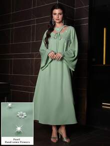 Al Najma Women's Elegant V-Neck Tie-Waist Long Sleeve Pearl Decor Mint Green 2 In 1 Slim Dress - Mint Green - View 5