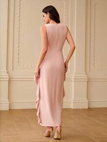 ZEYLAH Elegant V-Neck Ruffle Hem Fitted Dress, Spring/Summer - Dusty Pink - View 3