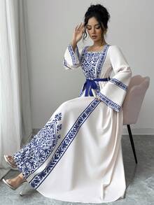 Yasmyna 女士优雅方领喇叭袖收腰复古连衣裙 - 藍色 - 查看 6