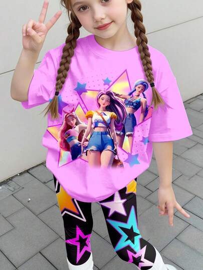 SHEIN Set de 2 piezas con camiseta de manga corta y leggings con estampado de estrellas de dibujos animados para niña