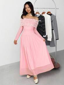 优雅露肩褶饰腰部花卉中长连衣裙，适合少女 - 淺粉色 - 查看 4