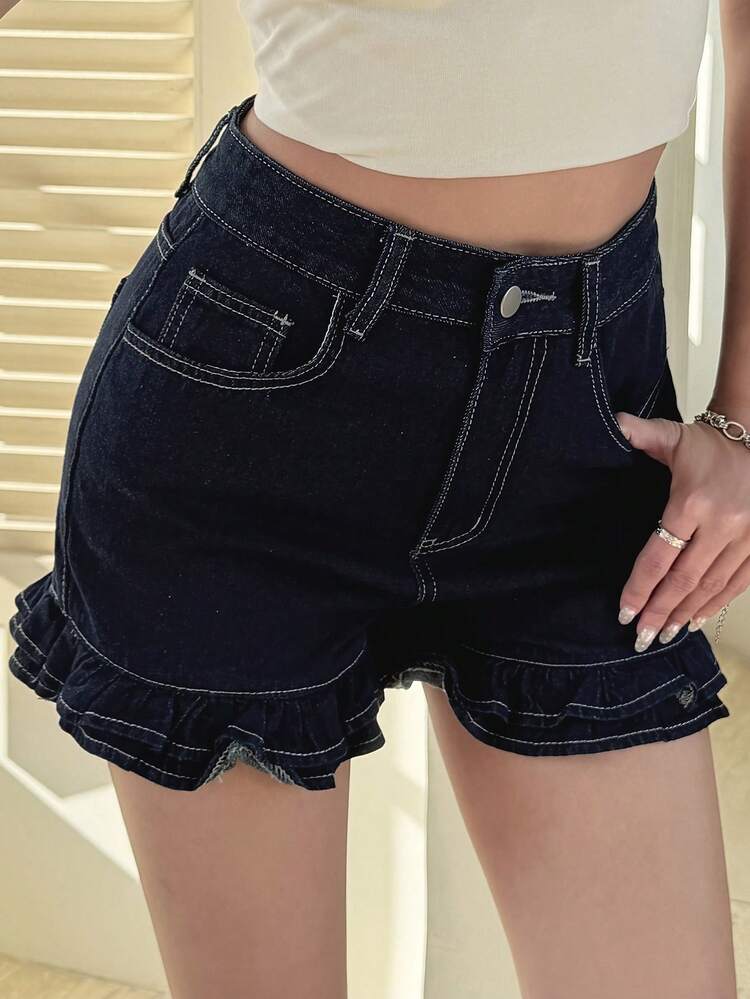 Women's Regular Waist Frill Trim Patchwork Casual Denim Shorts Jorts