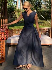 DAZY Women's V-Neck Sleeveless Waist Cinched Long Denim Dress, Vacation Style, Summer - Dark Wash - View 3