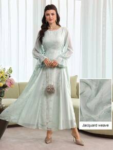 Yasmyna Đầm xòe cổ tròn bằng vải chiffon jacquard phối nhiều mảnh, thắt eo, thanh lịch và tươi tắn. - màu xanh lá - Xem 6