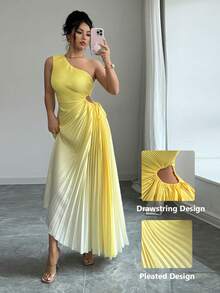 Modelyn Yellow Sleeveless Asymmetric Neck Pleated Ombre Dress For Women - Yellow - View 8