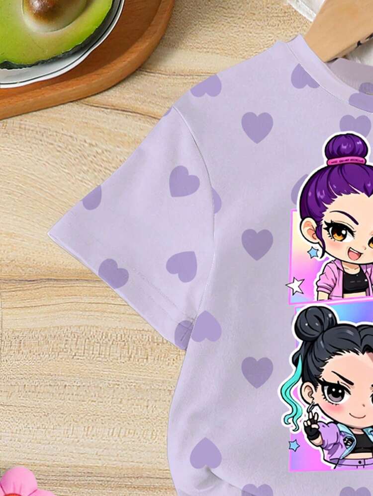 Set de 2 piezas de conjunto informal para niñas jóvenes con estampado de corazón, camiseta de manga corta y shorts ajustados, adecuado para niñas de 4 a 7 años en primavera/verano, con estilo de grupo de niñas y camiseta con gráfico de corazón, material suave y amigable con la piel - Multicolor - Añade 4