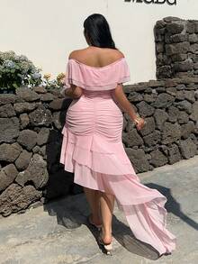 Sunnyshic Đầm cỡ lớn trễ vai xếp ly, vạt bất đối xứng thanh lịch, chất liệu lưới, dáng suông, phong cách vintage dễ thương, thích hợp cho kỳ nghỉ, đám cưới, tiệc tùng, màu hồng. - Hồng - Xem 4