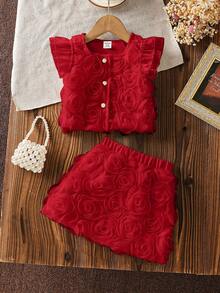 SHEIN 2pcs Baby Girl Red Summer Elegant Glam 2nd Birthday Outfit Chic 3D Rose Floral Petal Texture Tulle Ruffle Flutter Sleeve Tops&Skirts Set Easter Dress - Red - View 3