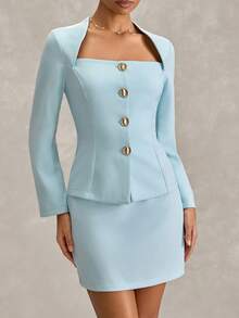 SHEIN Apricot Two Pieces Suit Set – Square Neck Buttoned Blazer With Long Sleeves & Matching High-Waist Mini Skirt Fake Linen - Apricot - View 4