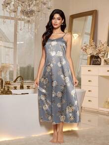 SHEIN 优雅印花缎面吊带裙 - 灰色 - 查看 4