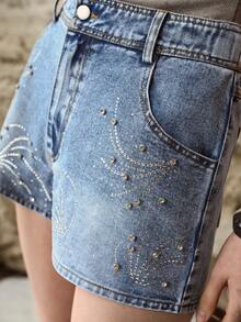 MOTF PREMIUM RHINESTONE WASHED DENIM SHORTS - Medium Wash - View 2