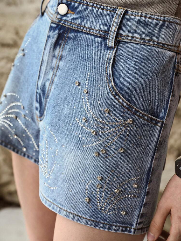 RHINESTONE WASHED DENIM SHORTS