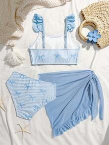 SHEIN Tween Girls Bikini Sets, Cute Knitted Bow Accent, Solid Blue With Ruffle Trim, Blue Mesh Fabric, Knit Material, 3-Piece Swimsuit Set, Fashionable Casual Elegant Lady Style, Suitable For Swimming, Vacation, Summer - Blue - View 2