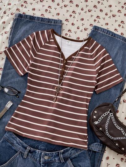 Teen Girls' Casual Everyday Commute Colorblock Striped Print V-Neck Short Sleeve T-Shirt, Summer