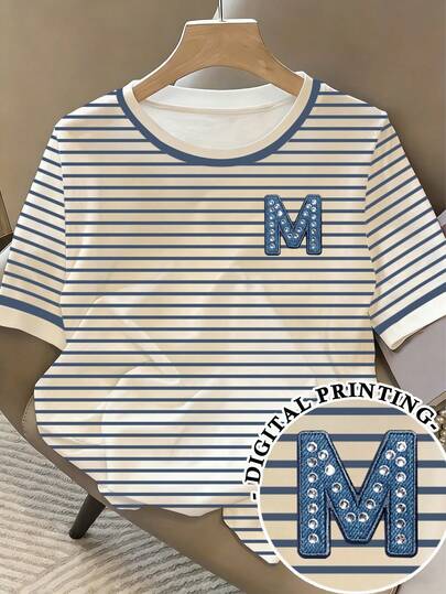 Resyla Women's Casual Vacation & Commute Letter & Rhinestone Striped Print Short Sleeve T-Shirt, Summer