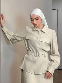 DAZY Women's Casual White Pocket Petal Sleeve Belted Shirt, Spring - Beige - View 6