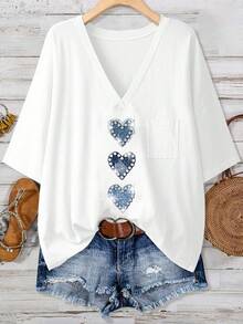 Women's Plus Size V-Neck Rhinestone & Faux Pearl Heart Graphic Casual Short Sleeve T-Shirt, Suitable For Summer Daily Wear - Multicolor - View 6