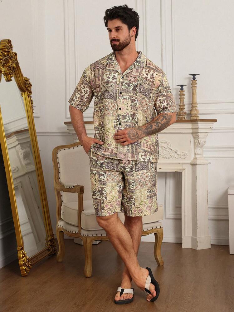 Men's Floral Print Short Sleeve Top And Shorts Pajama Set, Summer