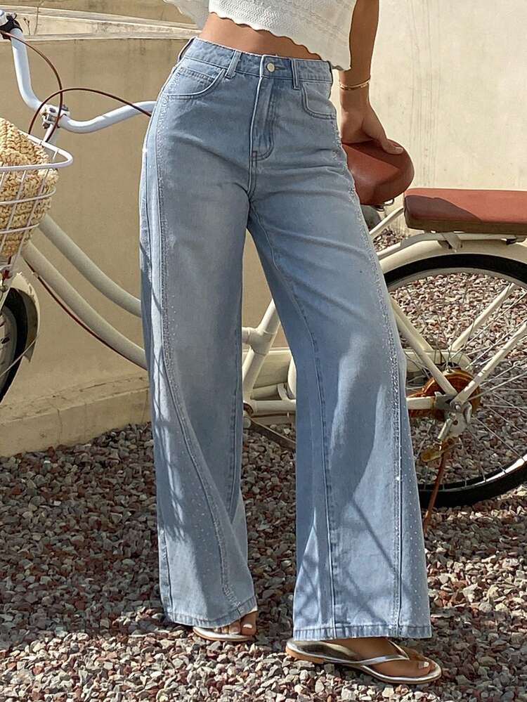 Women's Casual Vacation & Commute Versatile Rhinestone Embellished Loose Wide-Leg Jeans