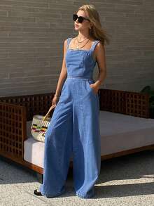 DAZY 女士无袖收腰宽松连体裤，休闲都市度假风，水洗效果 - 中等水洗藍 - 查看 6