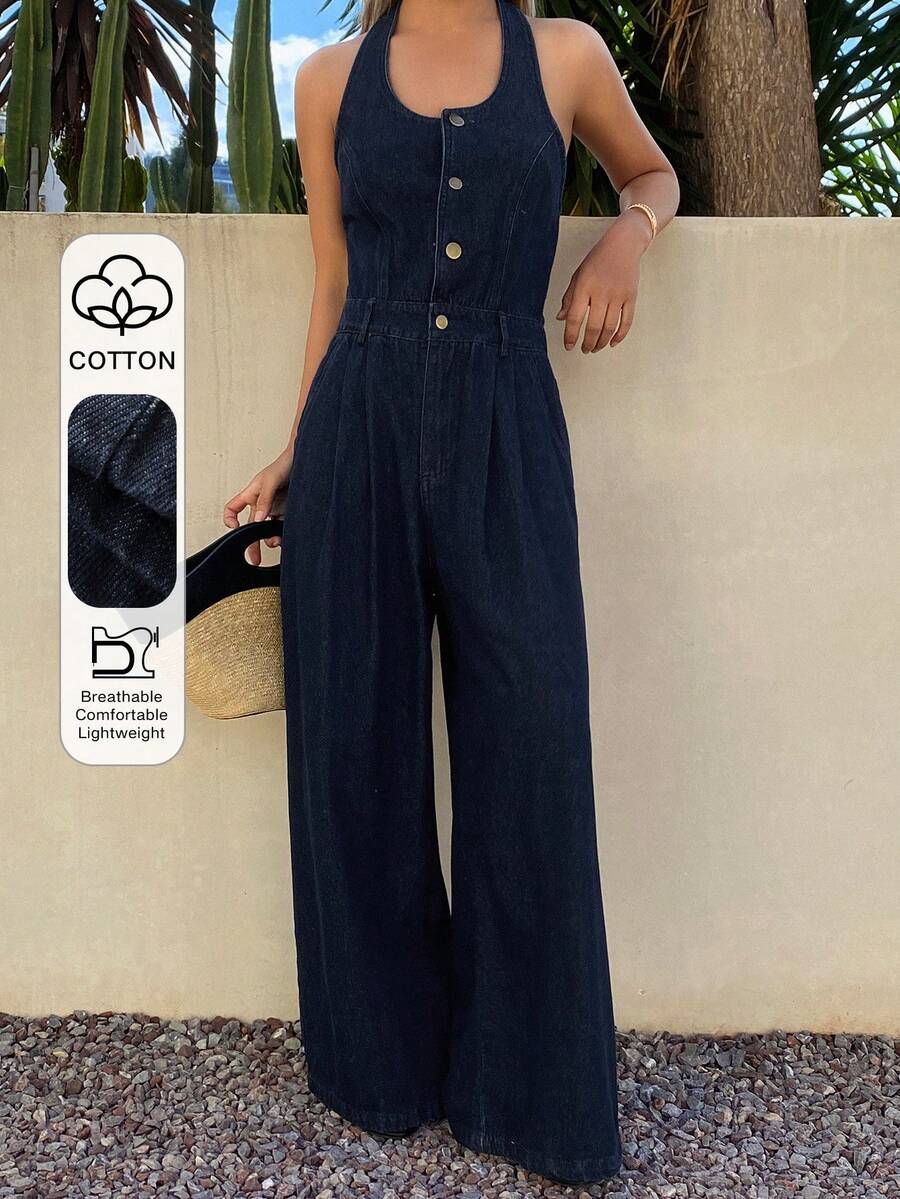 DAZY 女士时尚露背休闲牛仔连体裤和背带裤，适合度假和春季穿着 - 深色水洗藍 - 查看 1