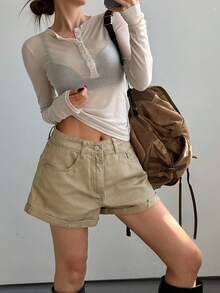 DAZY Women's Low Waist Cuffed Casual Washed Denim Shorts Jorts - Khaki - View 6