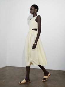 Lumivelle 女士优雅无袖圆领中长款亚麻质感连衣裙，夏季 - 黃色 - 查看 1