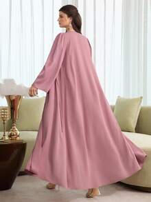 Al Najma Pink V-Neck Open Front Flare Sleeve Loose Robe, Spring/Summer - Pink - View 6