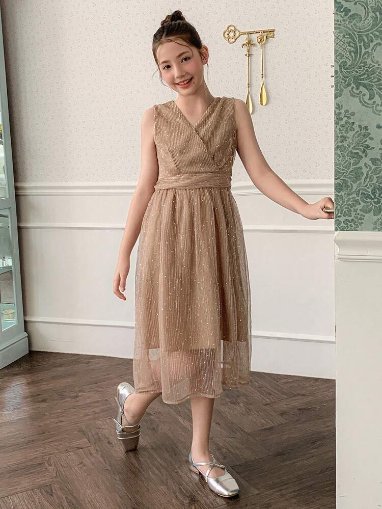 Tween Girls Solid Color Crossover Wrap Sleeveless Elegant Pleated V-Neck Summer Dress