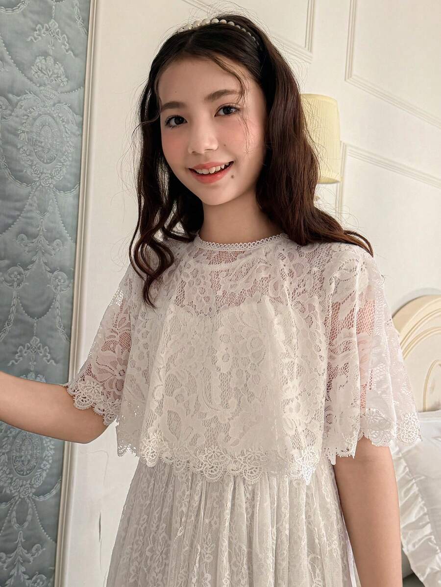 DAZY Tween Girls Fashion Lace Shawl Blouse Summer - White - View 1