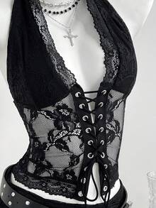 Flirla 女士性感露背系带蕾丝吊带背心，带蝴蝶结 - 黑色 - 查看 5