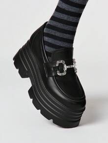 ROMWE Goth 女士黑色套脚乐福鞋，玛丽珍平底鞋，日式JK制服风格，正式工作鞋，厚底厚底鞋，适合圣诞节Y2K - 黑色啞光純色 - 查看 3