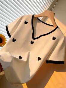 Resyla 女士爱心印花休闲百搭日常短袖T恤 - 白色 - 查看 5