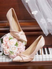 CUCCOO HITCHD Women's Fashionable Elegant Faux Pearl White Satin Pointed Toe High Heel Pumps, Suitable For Banquet, Wedding, Commute, Date, Christmas Party Valentine's Day Elegant Shoes Wedding Shoes - Pink - View 2