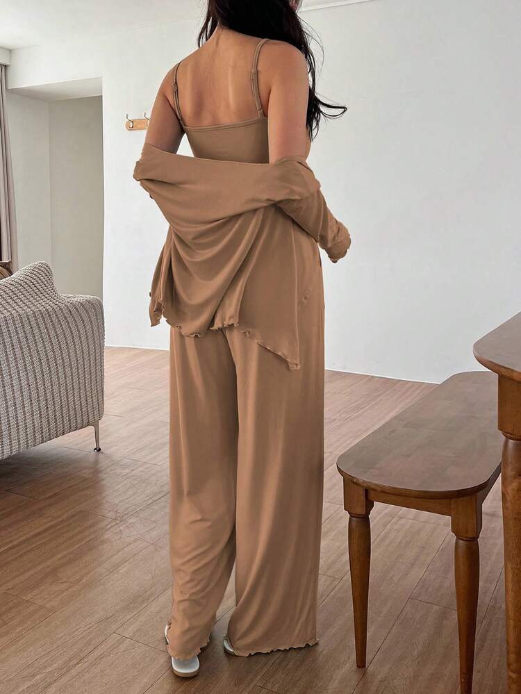 3pcs Solid Color Knit Twist Design Camisole Cardigan & Pants Loungewear Set For Women