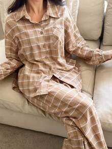 DAZY 简约格子宽松衬衫式女士睡衣套装 - 卡其色 - 查看 9