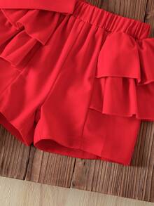 Young Girls Festive Red 2 Pieces Outfit, Sleeveless Top With Bow And Ribbon Details, Layered Ruffles Shorts, Perfect For Spring Summer Birthdays&Parties - Red - View 5