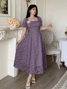 Modelyn Cut-Out Waist Flared Dress With 3D Floral Decor For Women - Purple - View 5