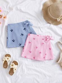 SHEIN LMoss Kids 2件套 女童条纹蝴蝶结印花裹身休闲短裙 蝴蝶结短裤 可爱夏季短裤 夏季格子裙 蝴蝶结套装 蝴蝶结短裤 夏季短款短裤 条纹短裤 蝴蝶结图案短裤 夏季柔软时尚条纹缎带图案弹力腰短裤 可爱宽松夏季下装 - 彩色 - 查看 7