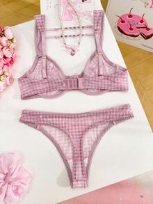 PetitDoll 2件装女士蝴蝶结钢圈软杯文胸套装 - 粉色 - 查看 2