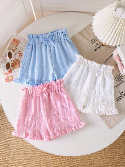 3pcs/Set Young Girls Cute Blue, White, Pink Comfortable Summer Casual Shorts With Bow Decor, Suitable For Sports And Outdoor Activities