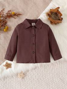 SHEIN 婴幼儿男女童百搭翻领长袖衬衫，休闲日常穿着，适合日常、户外活动、度假、上学等各种场合，四季皆宜，婴儿衬衫，婴幼儿男女通用衬衫 - 咖啡棕 - 查看 4