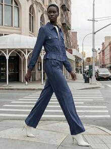 Lumivelle Conjunto de 2 piezas de chaqueta de estilo de bolsillo de carga estadounidense con efecto de mezclilla y pantalones rectos de cintura alta para mujer, para primavera/otoño - Azul Marino - Ver 1