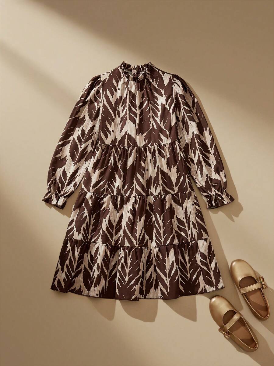 SHEIN Textured Chiffon Leaf Print A-Line Tween Girls Dress - Khaki - View 1