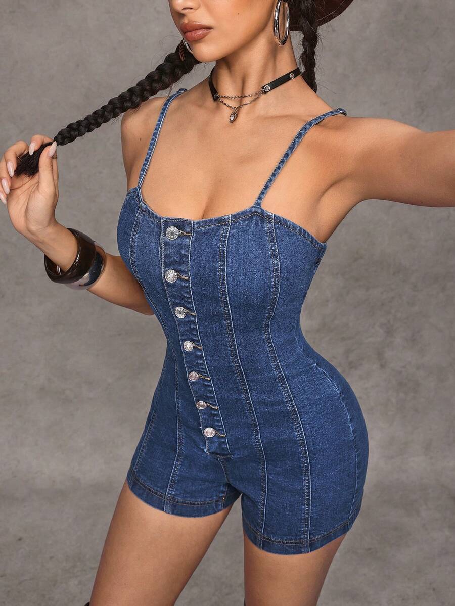 Jeanoix Women's Y2K Casual Vacation Style Button Fly Fitted Denim Romper For Daily Commute, Summer - Medium Wash - View 1