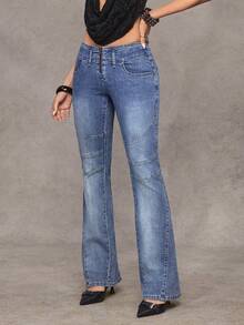 Jeanoix Y2K Low-Waist Fashion Patchwork Washed Denim Skinny Flare Pants - Medium Wash - View 3